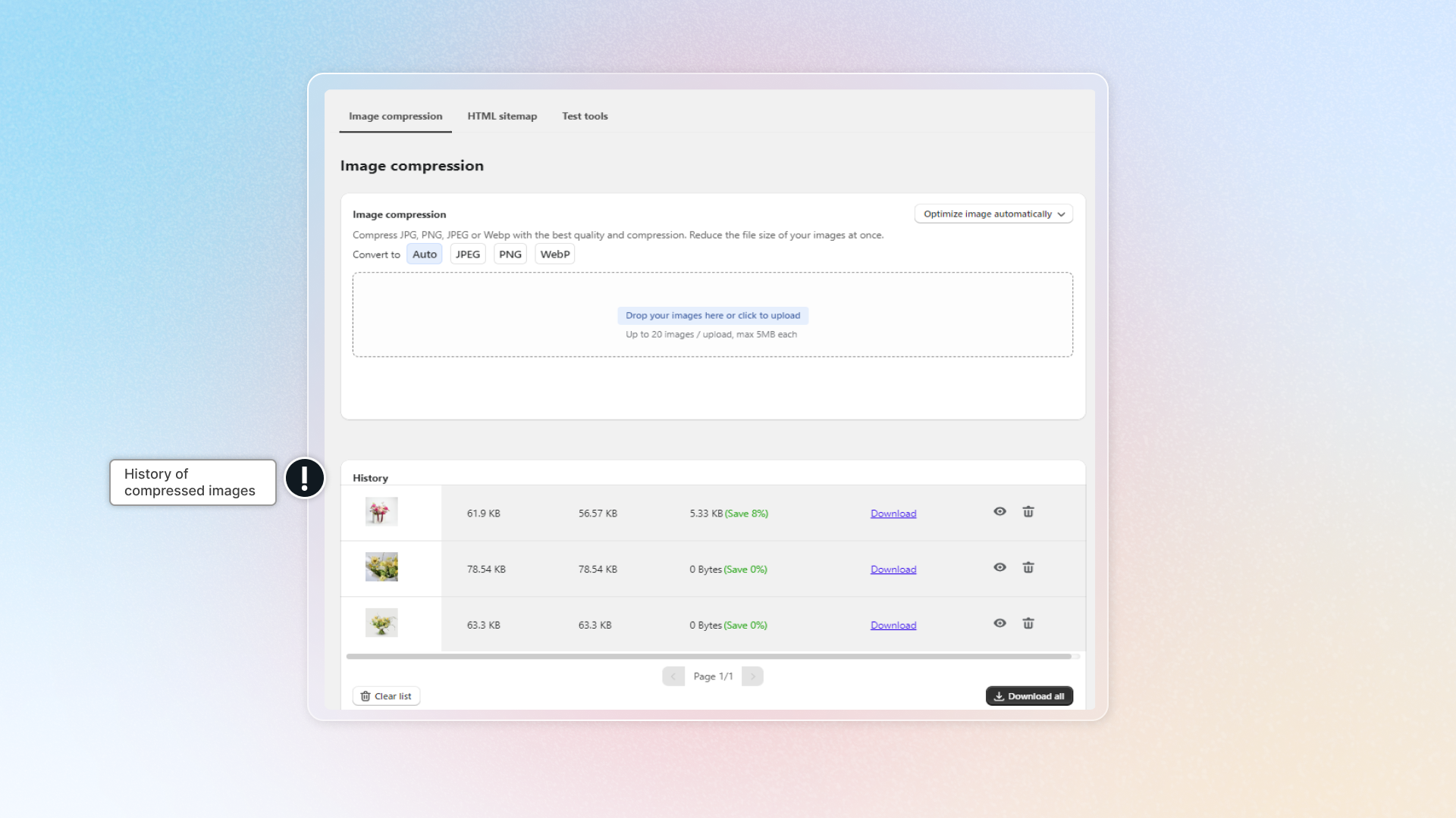Check compress image tool history