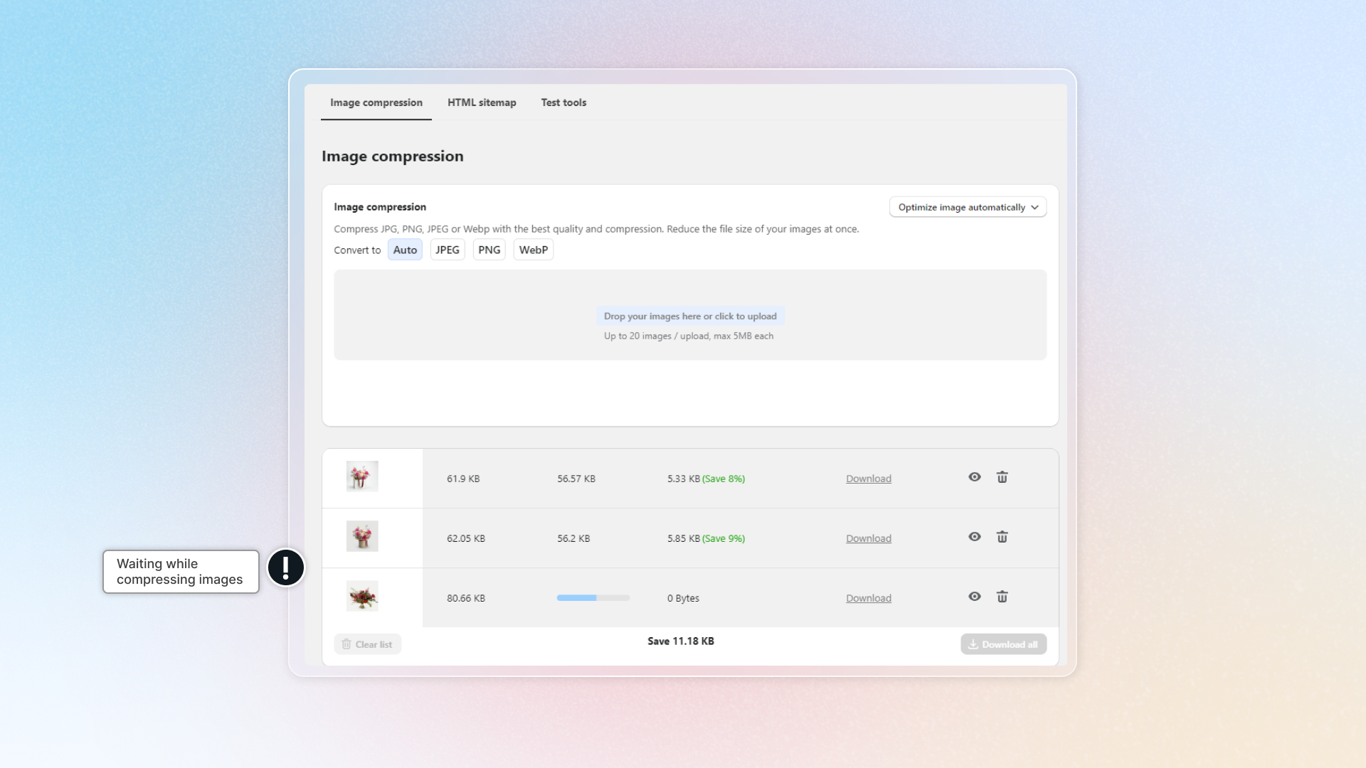 Compress image tool activity list
